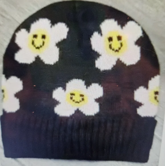 A Girl Thing Black Beanie with White Flowers - Picture 2 of 2